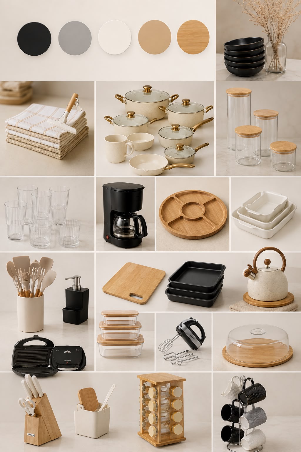Referência visual dos presentes: utensílios e itens de casa em preto, cinza, branco, bege e bambu
